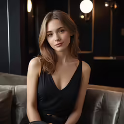 a girl in a dress sitting on a couch