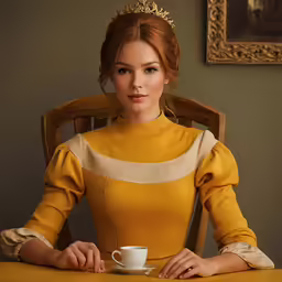 a woman sitting in a chair with a cup