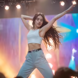 girl performing at concert in white cropped top and gray pants
