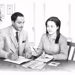 a man in a suit and tie signing paper for a woman
