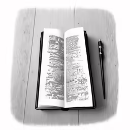 an open book is next to a pen