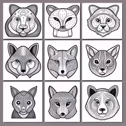 a black and white illustration of nine heads