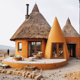 a photo of a small house with thatched roofs