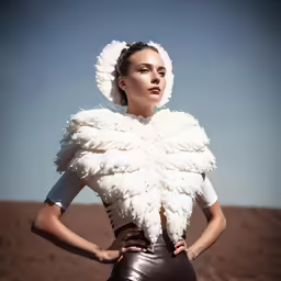 there is a beautiful young woman standing outdoors