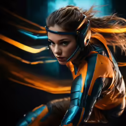 a girl in a yellow and blue uniform with her hair in pony tails