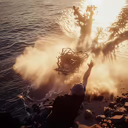 there is a man that is throwing sand at a boat