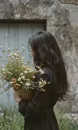 a woman wearing black walking and holding flowers