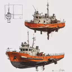 an orange boat floating down next to a bigger ship