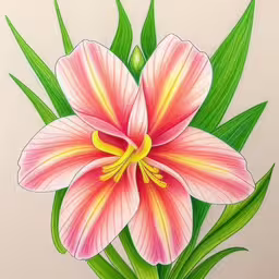 an orchid painted with colored pencils on white paper,drawing of a pink flower in colored pencil