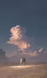 two people ride horses on a dirt road