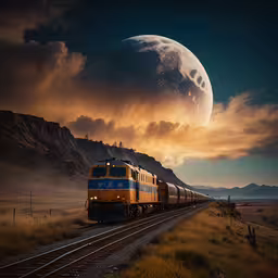 train on the tracks at dusk as a full moon is seen in the background,the train moves along on a road at night