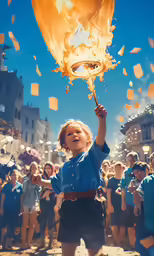 young girl in a blue shirt holding up her orange balloon