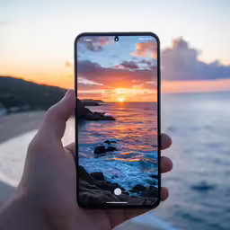 someone is holding their phone with sunset over the ocean