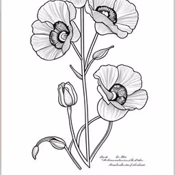 an illustration of three flowers, one in line and the other on color,a drawing of two flowers with leaves and petals