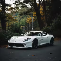 the sports car is parked in the middle of the road