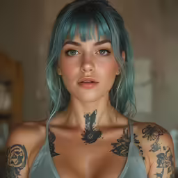a woman with blue hair with tattoo on her neck