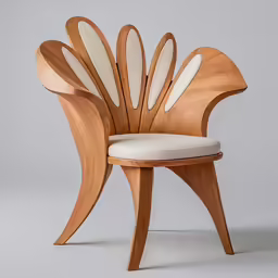the modern chair is designed from wood and white leather