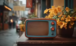 a close up of a small blue and brown television sitting on top of a table