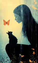 a woman holding a cat while standing on top of a field