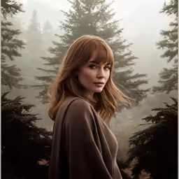 a woman with long hair standing next to pine trees