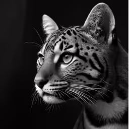 black and white photo of a small leopard looking at something