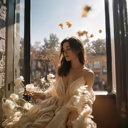 a beautiful woman sitting down in a long dress