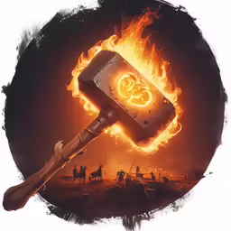a large hammer is on fire with people in the background