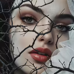 an artistic photo is featured with branches on the face and dress, she looks in surprise
