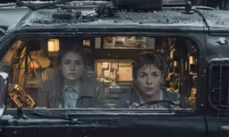 two girls sitting in the back seat of an old black truck