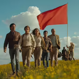 some people on a hill and a flag