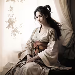 the young lady is sitting on the bed