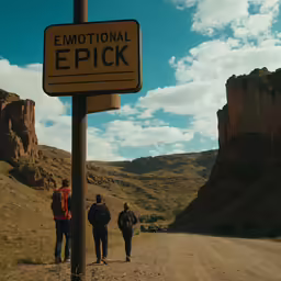a sign is shown on a road while three people walk down it