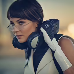 a woman in glasses and gloves has a black and white backpack on her shoulder
