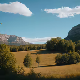 there is a grass field near a large mountain