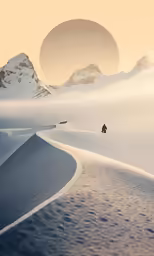 a man walking in the middle of a snow covered mountain