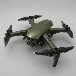 an army green toy airplane with multiple propellers