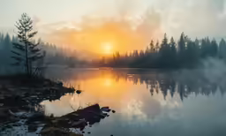 an island and tree are lit by the setting sun