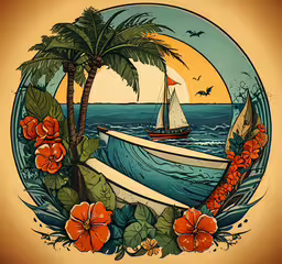 an orange flowered circle with a boat in the water,an illustration of a boat in the ocean surrounded by orange flowers and a palm tree