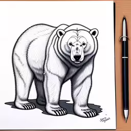 an ink drawing of a bear walking with it