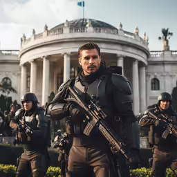 a group of men in military gear and helmets standing in front of a white building