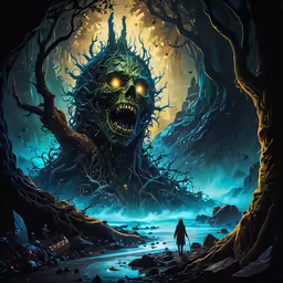 a man in the woods near a giant creature