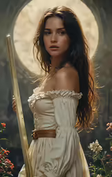 the woman is standing in front of flowers holding a sword