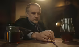 a man sitting at a table with a glass of tea