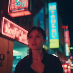 a young woman looks up from the street by neon signs