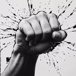 a fist punching through the center of a torn glass wall