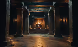 a dimly lit room with a fire place