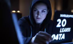 a woman in a hoodie looking at a laptop