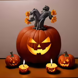 an artistically carved halloween decoration in orange, on a table