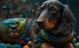 dog laying on an assortment of colorful balls