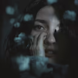 a woman in the dark holding her hand to her face